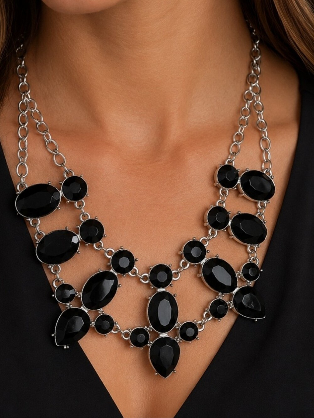 Silver Tone Faceted Jet Black Lucite Acrylic Statement Necklace Unsigned